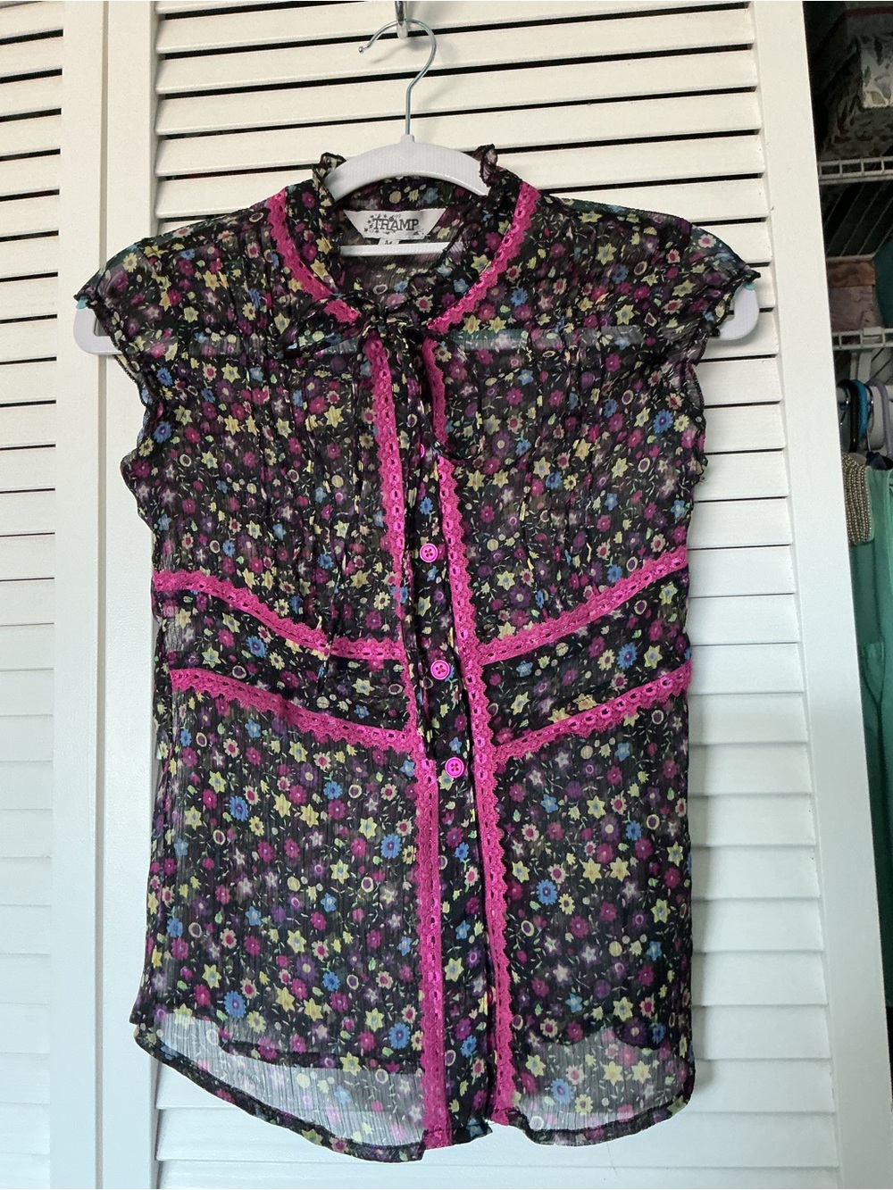 Tramp Sheer Black Floral Cap-Sleeve Blouse with Hot Pink Trim